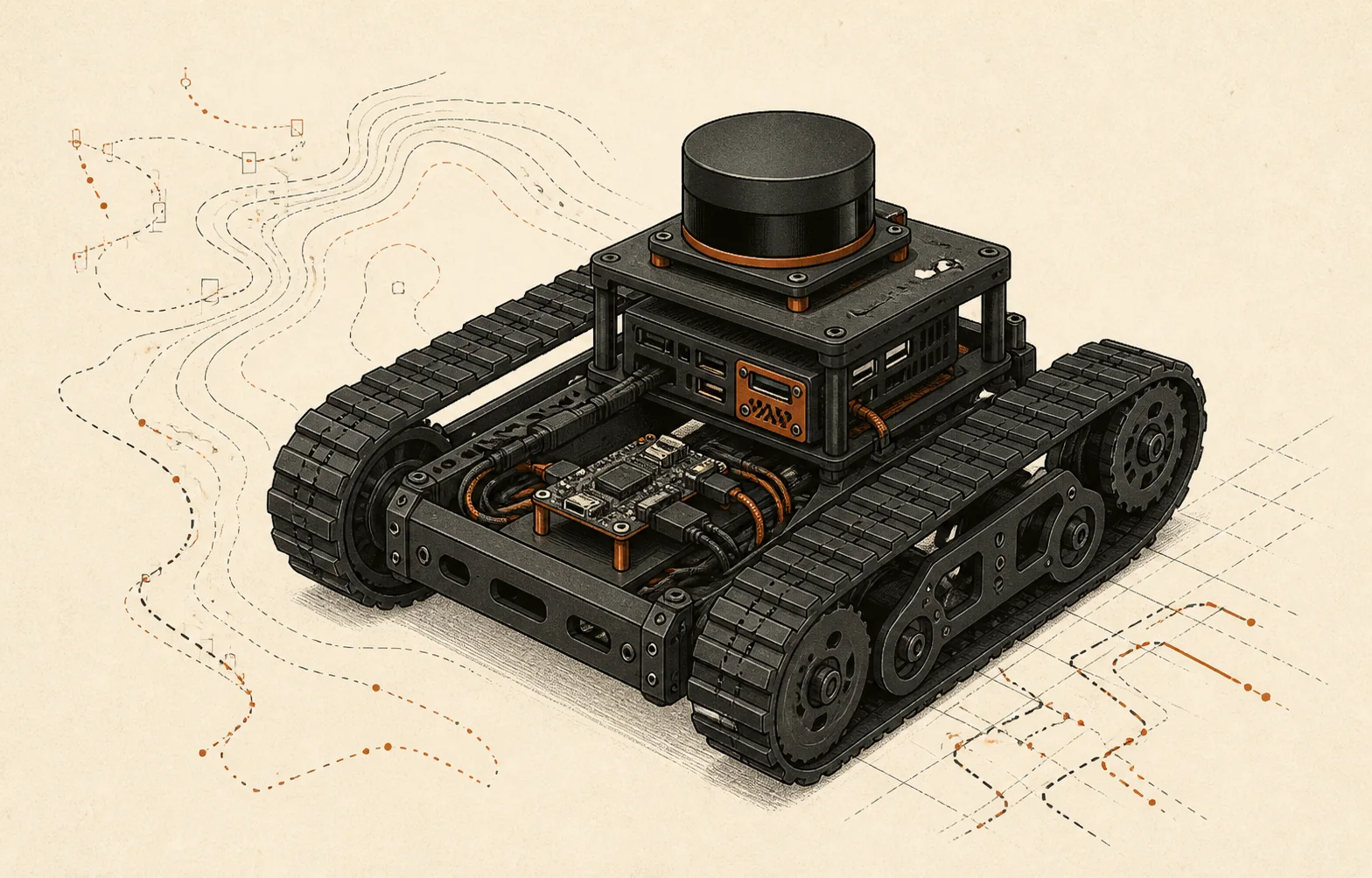 Technical illustration of a compact tracked rover with a top-mounted LiDAR and onboard controller